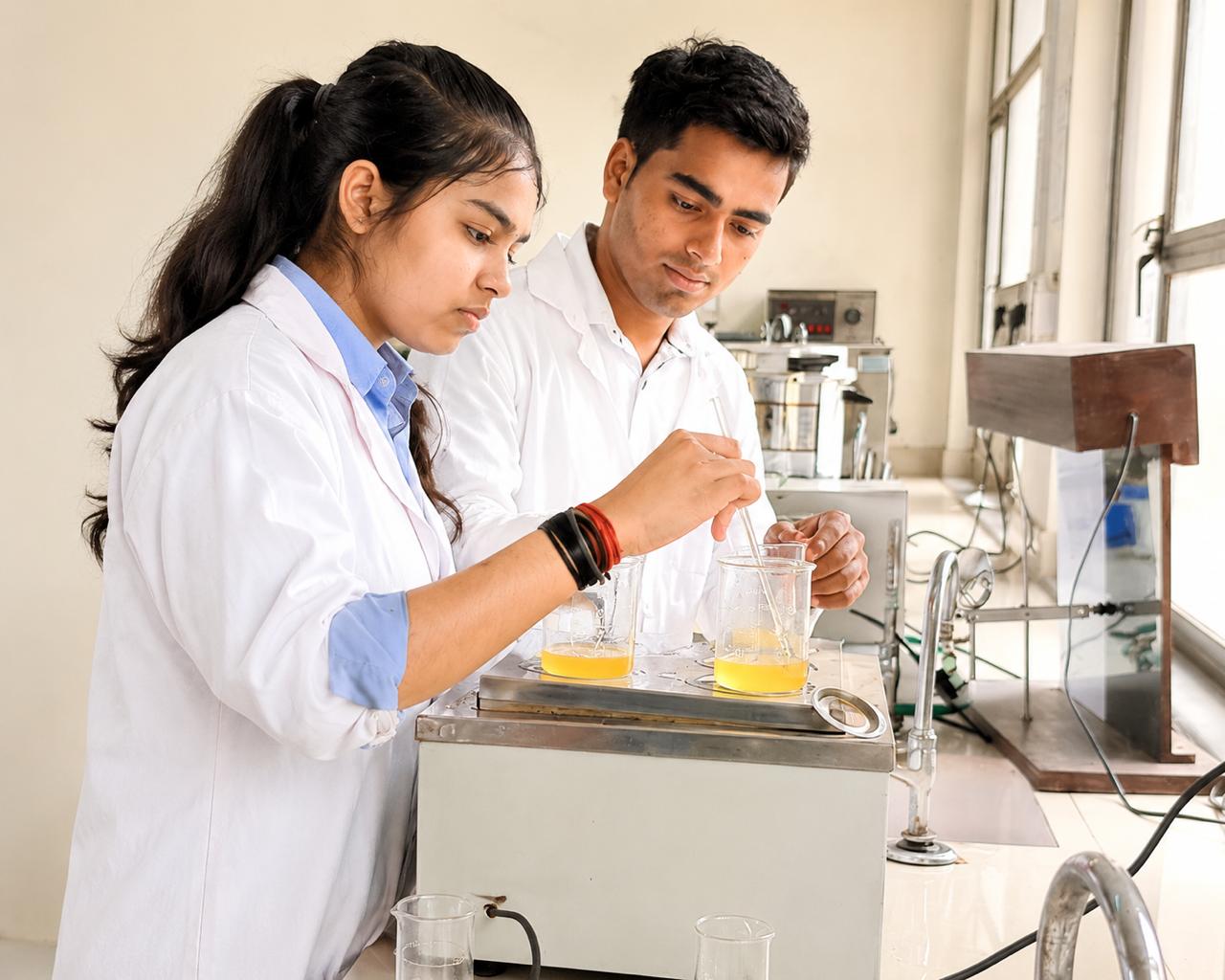 Ishan top Pharmacy college students performing pharmaceutical formulation practical training at Ishan Institute Greater Noida.
