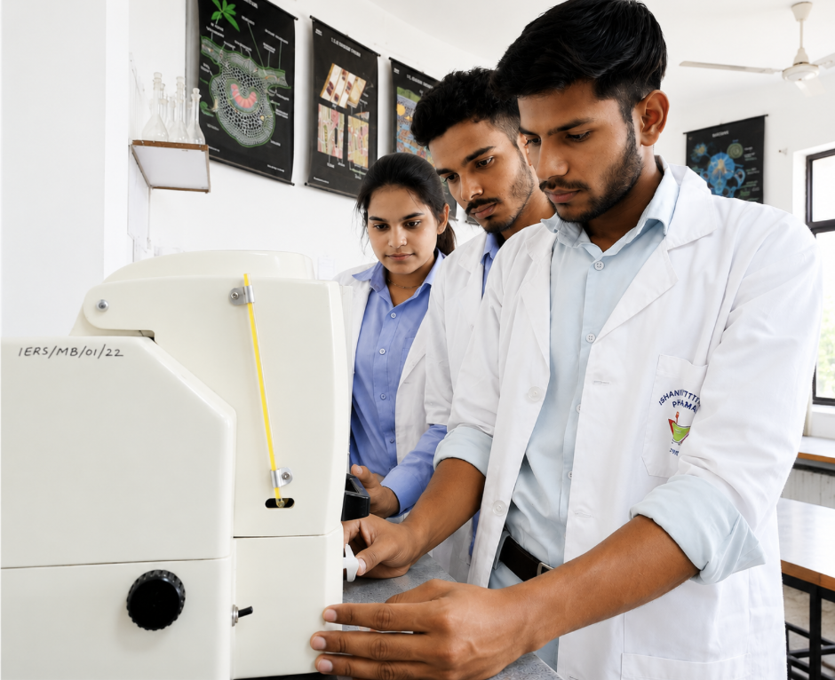 Ishan Institute of Pharmacy D Pharm students performing practical lab experiments.