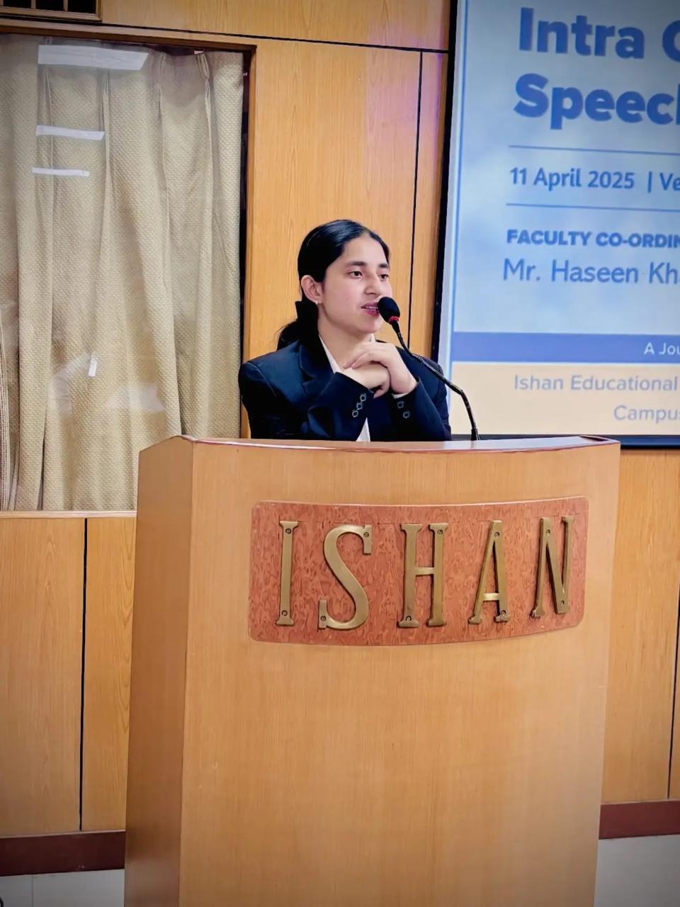 Ishan LLB student during the speech competition, Greater Noida.